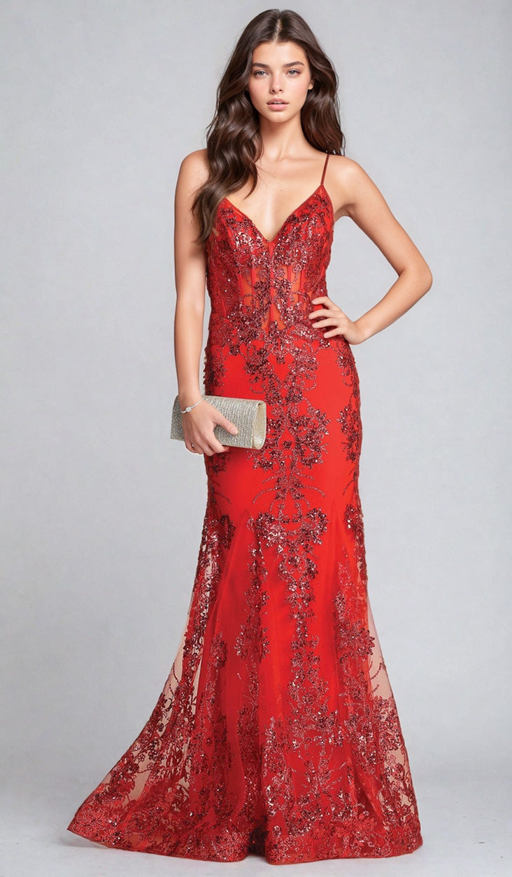 A woman in the Long Glitter-Print Prom Dress: Chicas C813, a fitted red mermaid gown with shimmering details, holds a silver clutch against a plain background.